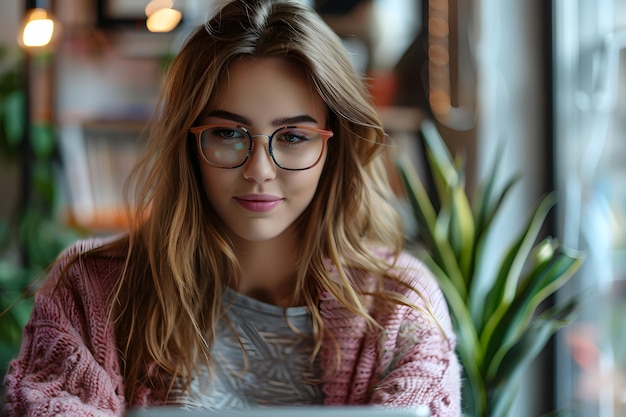 Photo a woman wearing glasses is looking at a tablet with a plant in the background