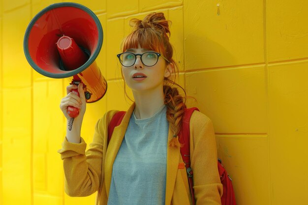 Photo a woman wearing glasses is standing next to a yellow wall and holding a megaphone in the style of in