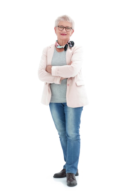 Woman wearing glasses isolated over a white background