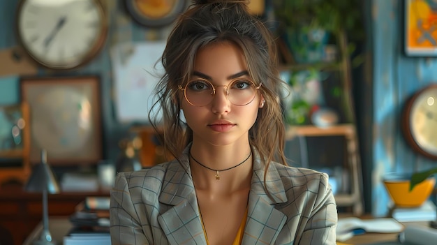 a woman wearing glasses and a jacket with a collar that says shes wearing a shirt