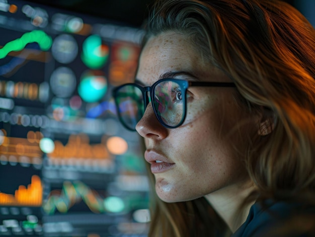 a woman wearing glasses looking at a computer screen with the word graph on it