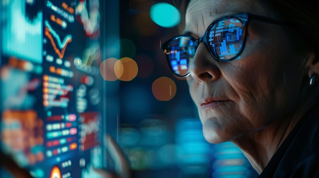 a woman wearing glasses looking at a computer screen with the word quot on it