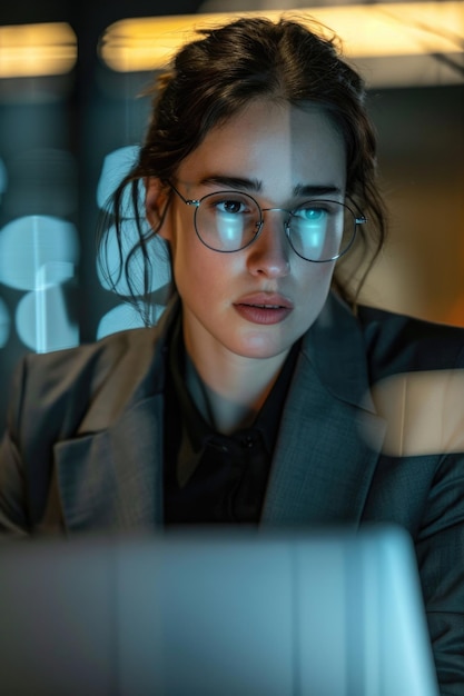 A woman wearing glasses looking at a computer screen