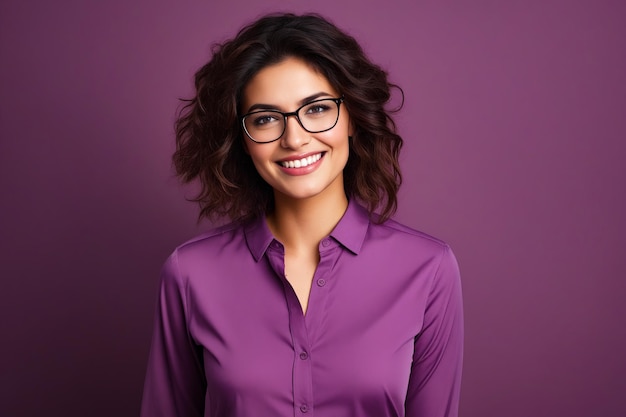 Woman wearing glasses and purple shirt smiling at the camera Generative AI