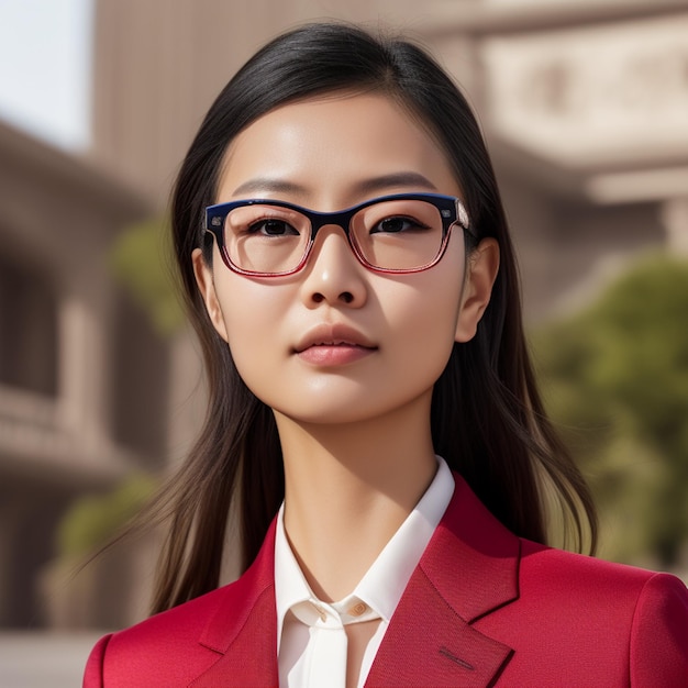 A woman wearing glasses and a red blazer