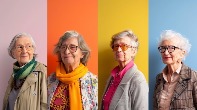 Photo a woman wearing glasses and a scarf stands in front of a colorful wall