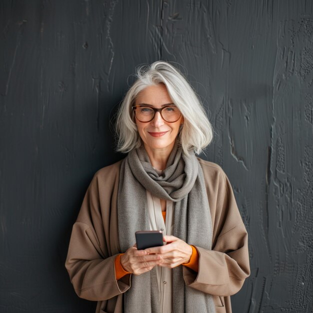 Photo a woman wearing glasses and a scarf stands in front of a wall that says  the word  on it