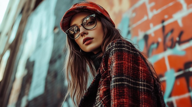 a woman wearing glasses and a scarf with a red hat