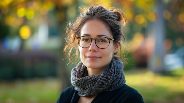 a woman wearing glasses and a scarf with a sweater on