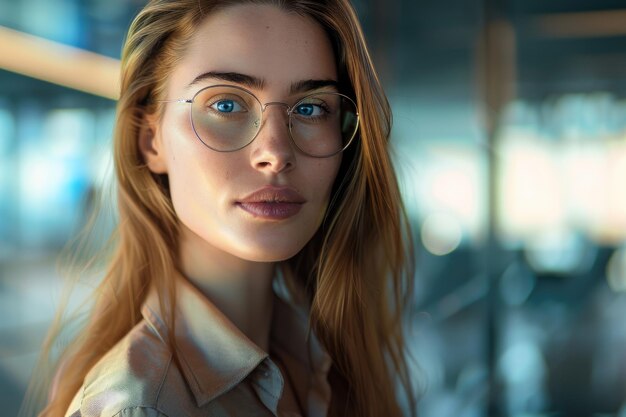 a woman wearing glasses and a shirt with a pair of glasses