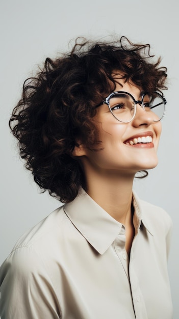 Woman wearing glasses short curly hair