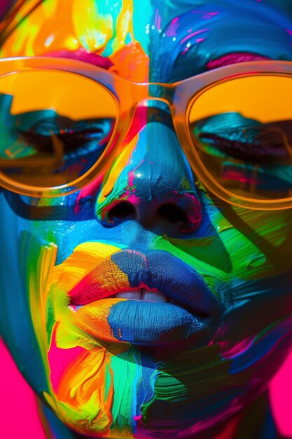 Photo a woman wearing glasses showcases a vibrant painting on her face