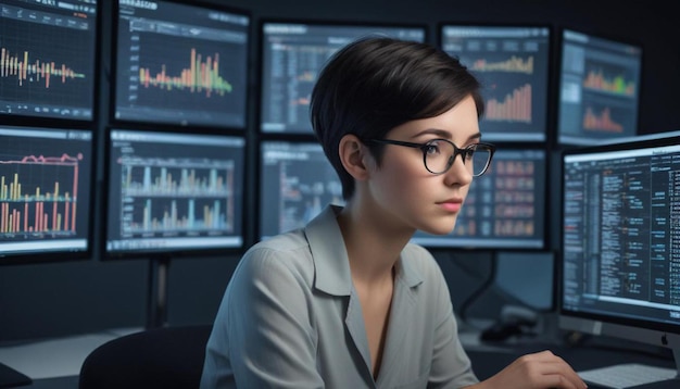 Photo a woman wearing glasses sits in front of a computer screen with a graph on the top