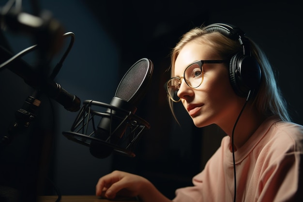 A woman wearing glasses sits in front of a microphone and talks into a microphone.