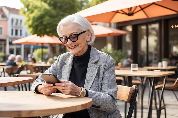 Photo a woman wearing glasses sits at a table with a phone