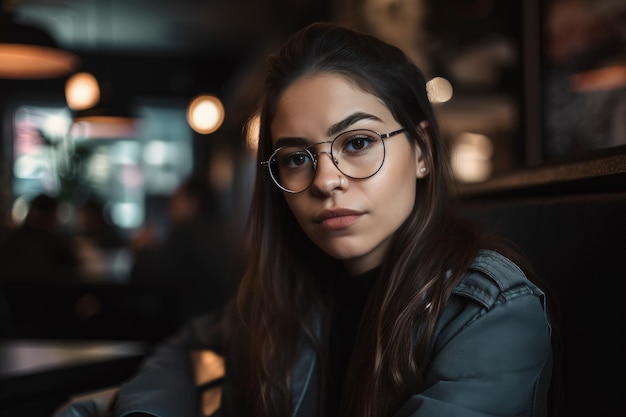 A woman wearing glasses sitting at a table generative AI