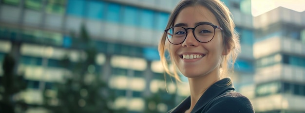 a woman wearing glasses smiles in front of a building