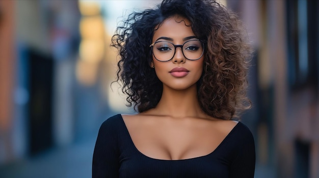 Photo a woman wearing glasses standing in the middle of a city street