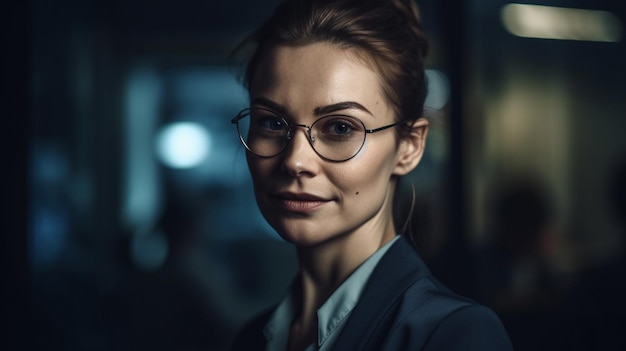 Photo a woman wearing glasses stands in a dark room.