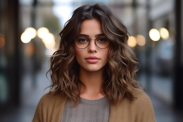 A woman wearing glasses stands in front of a building