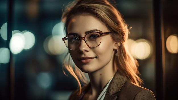 A woman wearing glasses stands in front of a night city street.