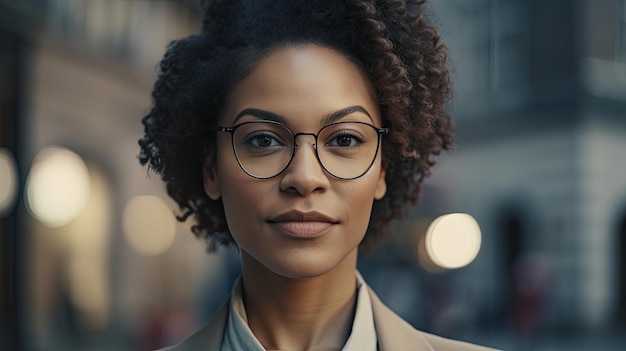 A woman wearing glasses stands in a street.