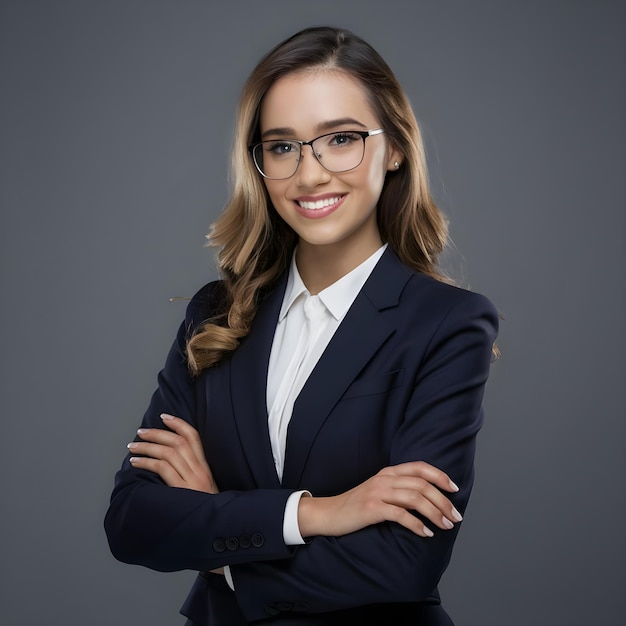 A woman wearing glasses and a suit with her arms crossed