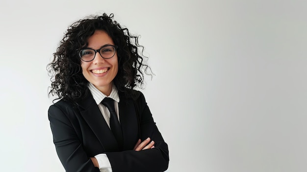 a woman wearing glasses and a suit with a white background behind her