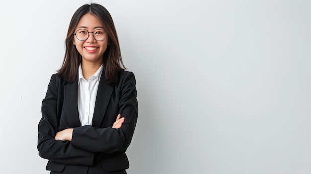 a woman wearing glasses and a suit with a white shirt and a black jacket