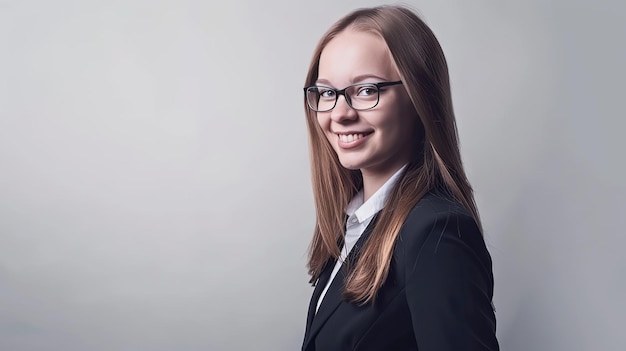 a woman wearing glasses and a suit