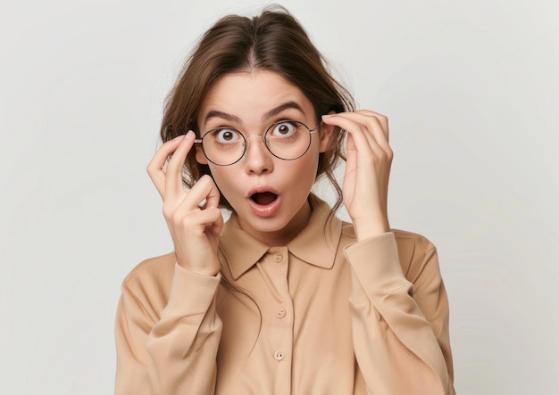 Photo a woman wearing glasses that says  she is wearing a brown shirt