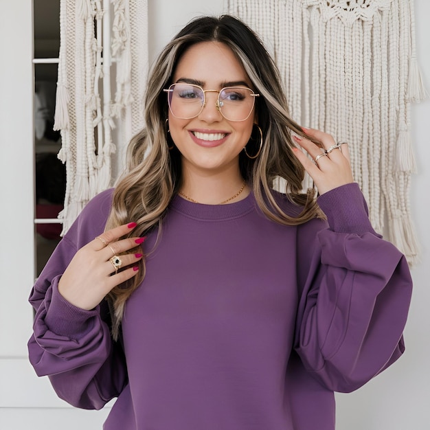 a woman wearing glasses that says she is wearing she is wearing a purple shirt