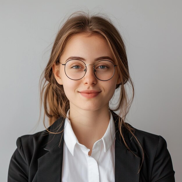 a woman wearing glasses and a tie with a tie around her neck