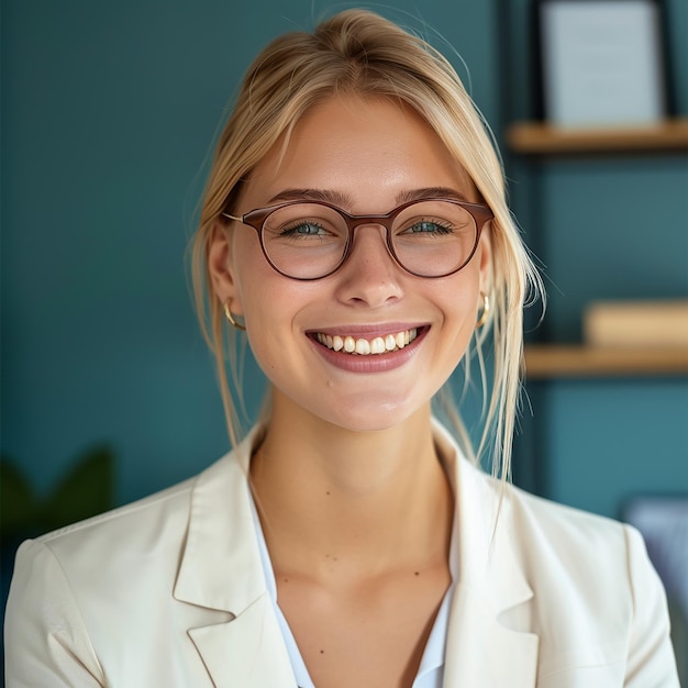 a woman wearing glasses and a tie with a tie around her neck