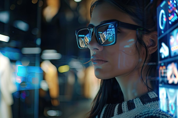 Woman wearing glasses uses a holographic interface to interact with virtual fashion items displayed