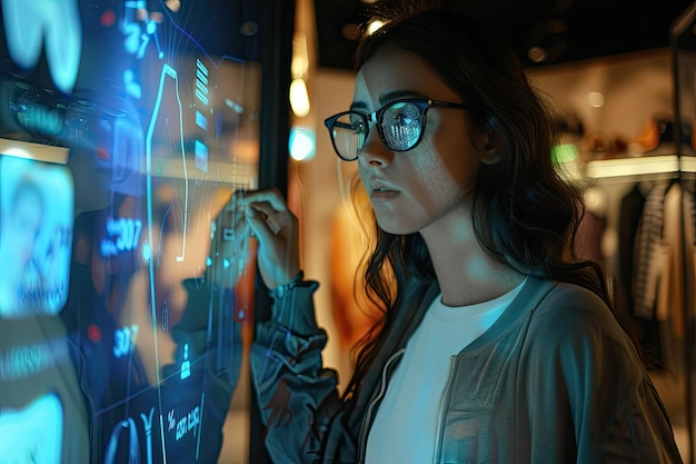 Woman wearing glasses uses a holographic interface to interact with virtual fashion items displayed