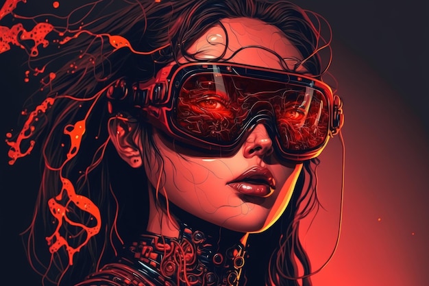 Woman wearing glasses for virtual reality Futuristic cyberpunk art illustration with red skin