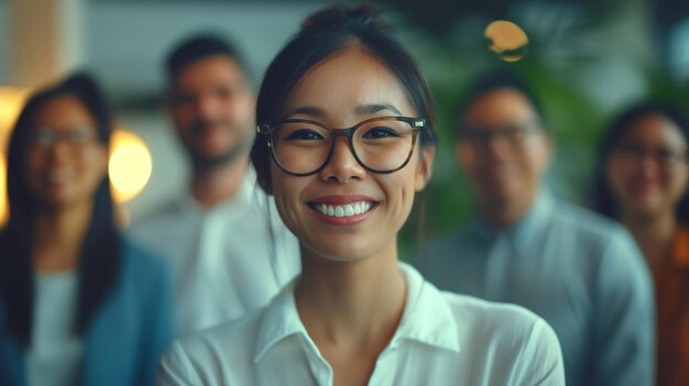 Photo a woman wearing glasses and a white shirt smiles with a group of people in the background