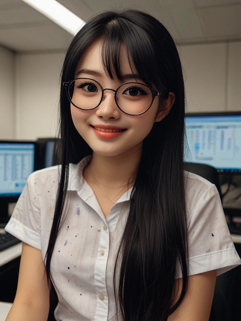 a woman wearing glasses and a white shirt with a white shirt that says she is a japanese girl