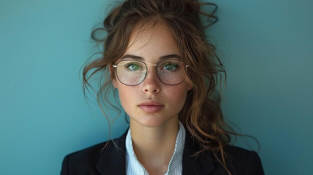 Photo a woman wearing glasses with a blue background behind her