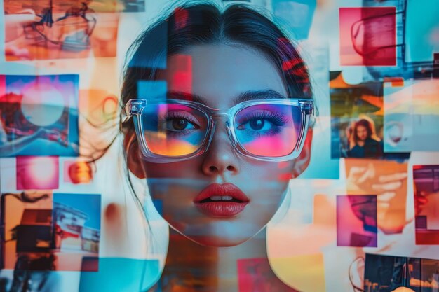 Photo woman wearing glasses with colorful background a woman with brown hair is looking forward wit