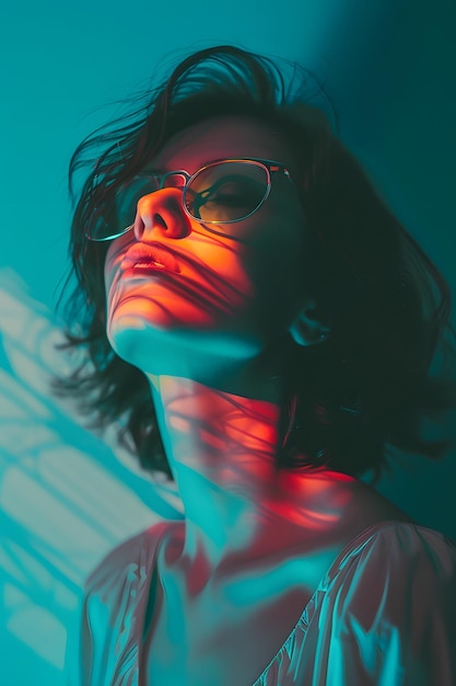 Woman Wearing Glasses With Red and Blue Neon Lights on Her Face Generative AI