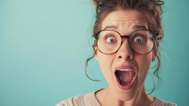 Photo woman wearing glasses with a shocked expression against a teal background