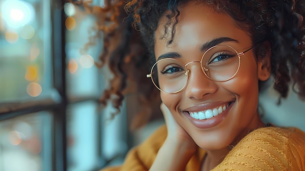 a woman wearing glasses with a smile that says she is wearing a yellow sweater