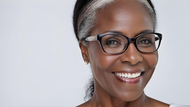 a woman wearing glasses with a white background behind her