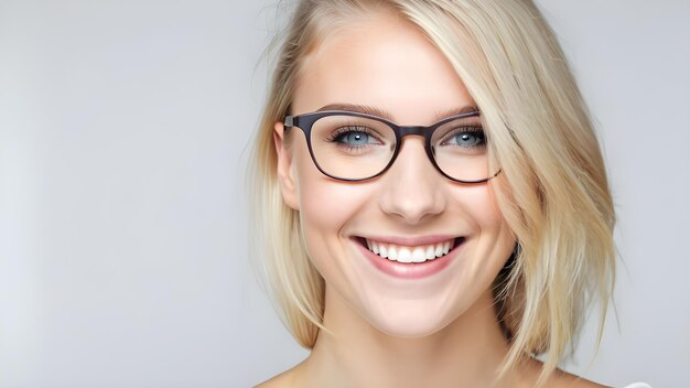 a woman wearing glasses with a white background