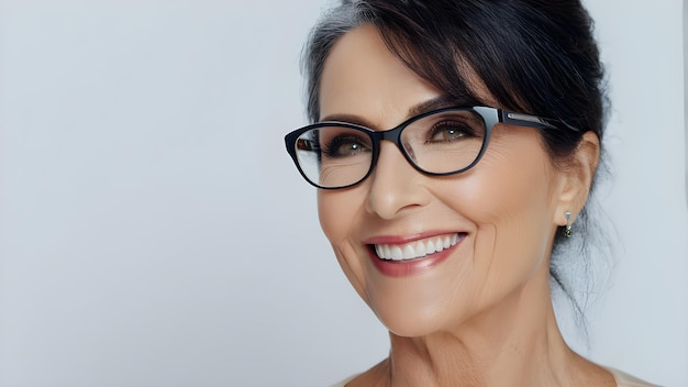 a woman wearing glasses with a white background