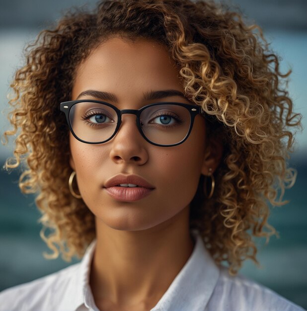 a woman wearing glasses with a white shirt