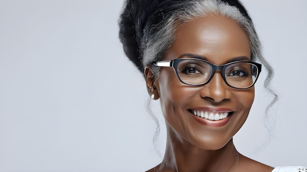 a woman wearing glasses with a white teeth and a black rimmed glasses