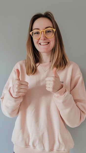 Photo a woman wearing glasses with the word quot thumbs up quot on her shirt